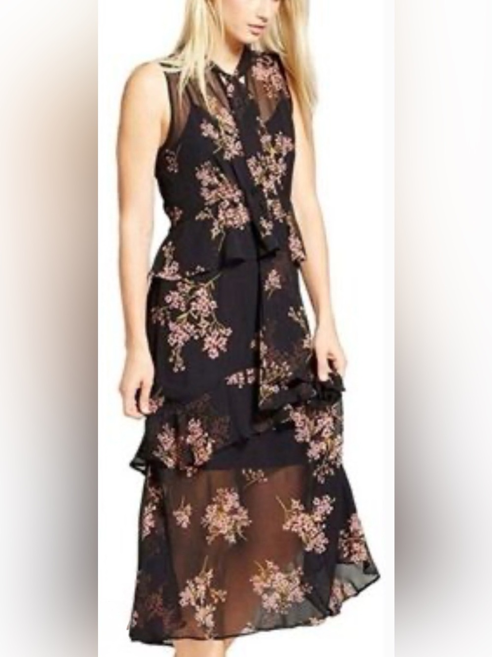 Who What Wear Black Sleeveless Floral Midi Dress